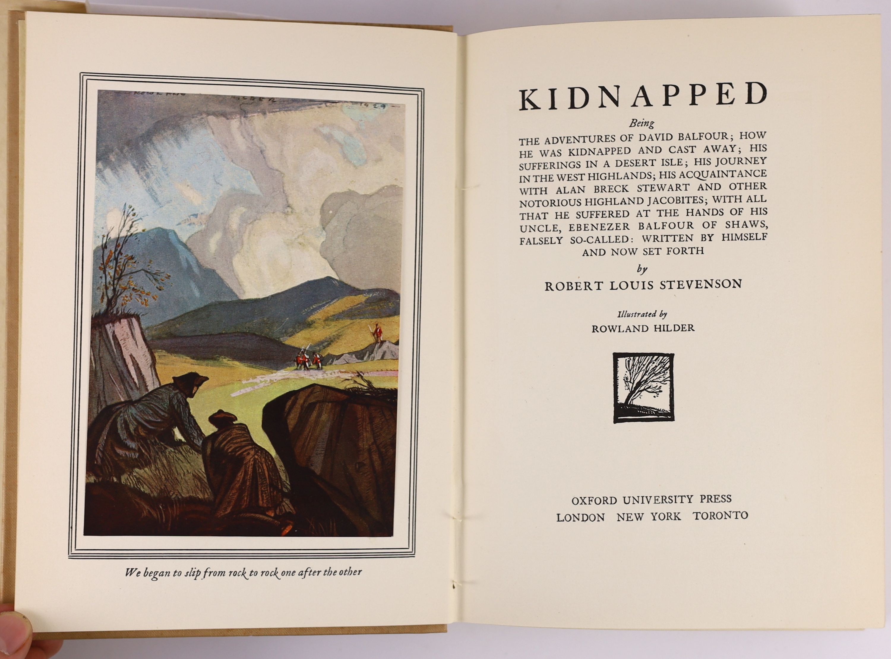 Stevenson, Robert Louis - 2 works, both illustrated with colour plates by Rowland Hilder - Treasure Island, 8vo, original pictorial cloth, London, 1929 and Kidnapped, 8vo, with d/j, London, 1938, in slip case. (2)